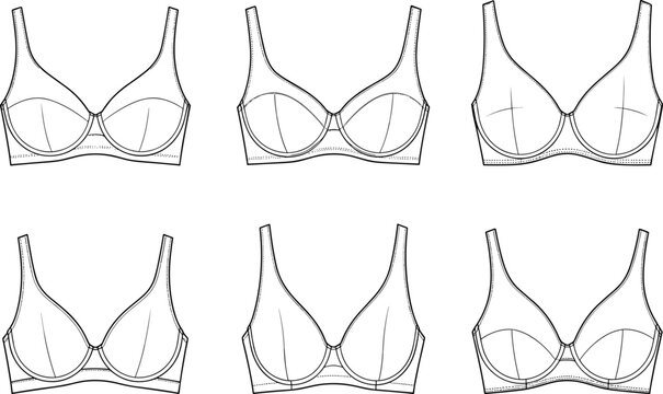 Womens bra technical flat sketch collection, underwire brassiere fashion design template, intimate apparel cad drawing set, flat vector illustration, mockup pack