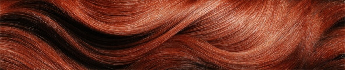 Fototapeta premium Beautiful panoramic texture of healthy shiny red hair waves, close-up abstract background for beauty salon concept
