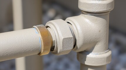 Close-up of industrial metal plumbing pipes and fittings with beige protective coating outdoors