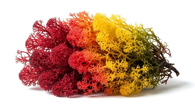 Colorful, dyed reindeer moss in a gradient of red, orange, and yellow hues, isolated on white