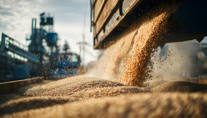 Closeup on trucks being loaded by chute with cottonseeds main focus on flowing seeds while storage piles and dust control systems fade into soft focus.