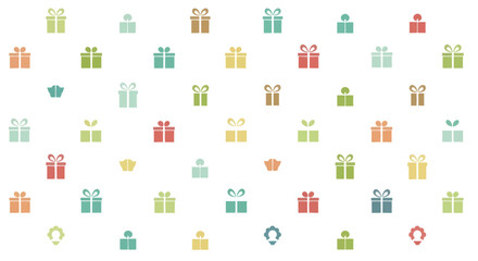 Obraz premium Seamless pattern of colorful gift boxes and bows on white background, flat design vector.