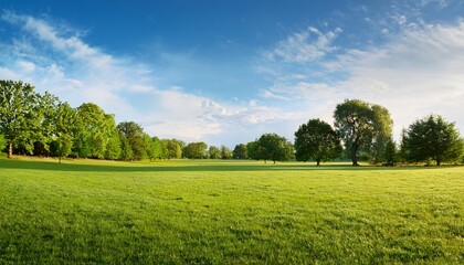 Obraz premium open grassy meadow bordered by diverse trees far away