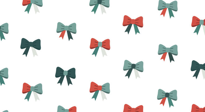 Repeating pattern of simple, flat bows in red, teal, and white on a white background.