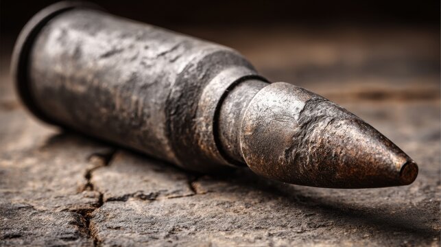 Close-up of a weathered, unexploded bullet with visible rifling marks resting on a rustic surface