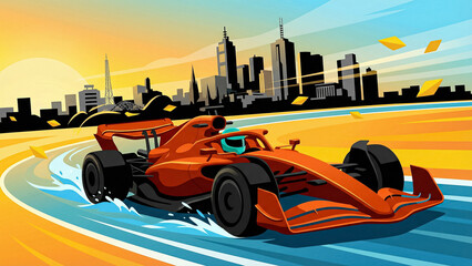 Naklejka premium vibrant orange racing car moving fast on a stylized city background with warm yellow tones and graphic illustration style