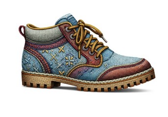 Patchwork ankle boot with rugged sole and colorful design isolated on white background