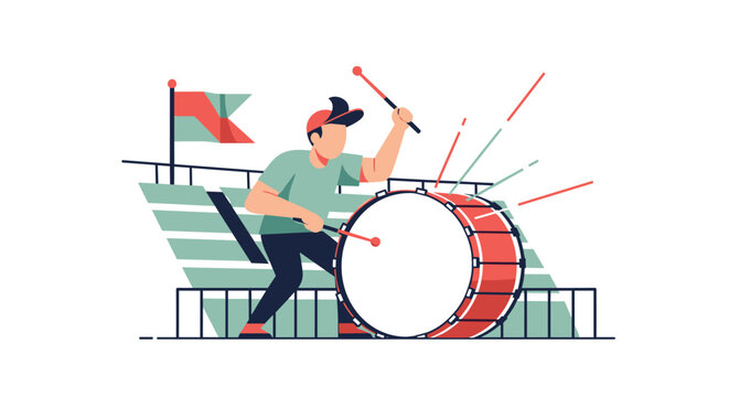 A dedicated sports fan wearing a cap energetically plays a large red bass drum with drumsticks in the stadium grandstand.