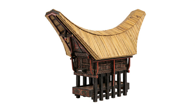 Intricate Tongkonan, a traditional ceremonial house model from Toraja, Sulawesi, Indonesia, featuring its iconic boat-shaped roof and detailed geometric and zoomorphic carvings.