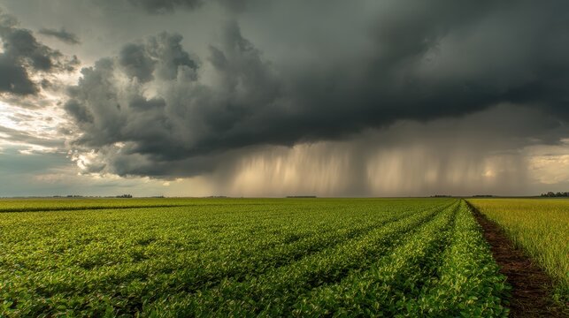 Dramatic storm clouds with heavy rain falling over a lush green agricultural soybean field