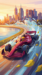 Naklejka premium red racing car speeding on a coastal track against a sunset city skyline with water splashes and falling leaves