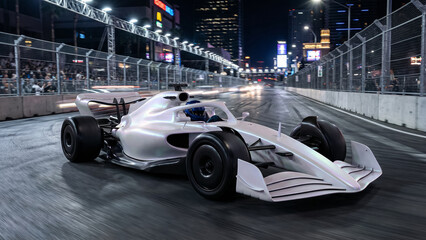 Naklejka premium white futuristic formula 1 racing car driving on a night city street circuit under bright floodlights and stadium lights