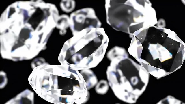 Sparkling, transparent, multifaceted crystalline objects float against a black backdrop