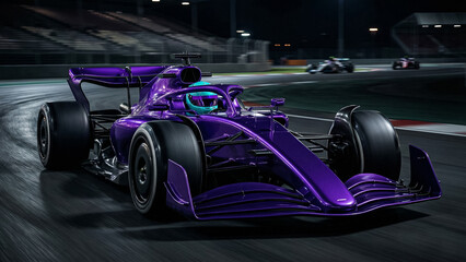Naklejka premium purple racing fireball turning on night circuit with stadium lights and stands
