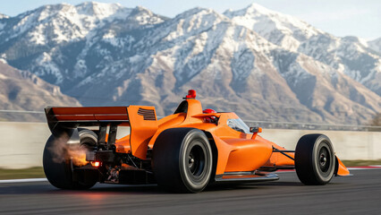 Naklejka premium orange racing car on track with high snowy mountains landscape background
