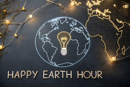 Happy Earth Hour Celebration Concept With Globe And Light Bulb Representing Energy Conservation And Sustainability

