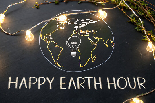 Happy Earth Hour Celebration Concept With Globe And Light Bulb Representing Energy Conservation And Sustainability

