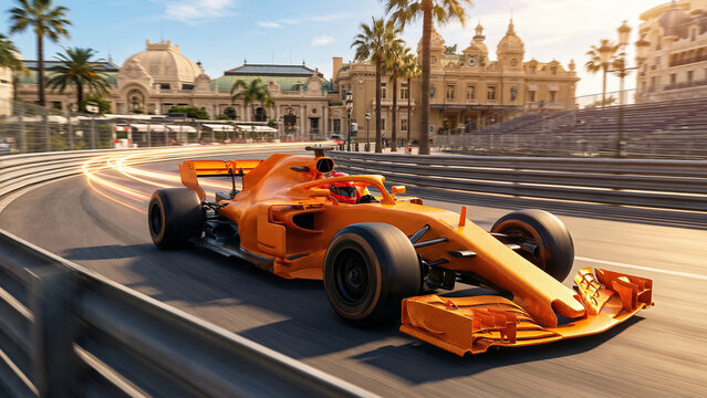 orange formula one racing car driving on monaco street circuit near monte carlo casino at sunny day
