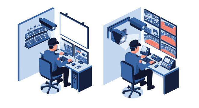 Two isometric views of a security officer monitoring a stadium event from a control room with multiple screens and surveillance equipment.