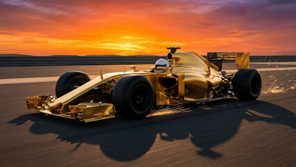 Naklejka premium golden formula 1 car racing at sunset with sparks flying from under the car