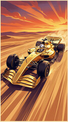 Naklejka premium vintage poster of golden formula 1 car racing in desert against sunset rays