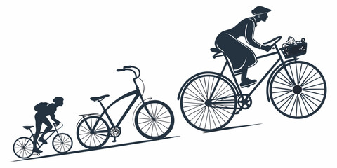 Obraz premium Evolution of bicycles from tricycles to modern bicycles with riders Vector