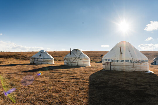 Road trip exploration of yurts in Kyrgyzstan landscape