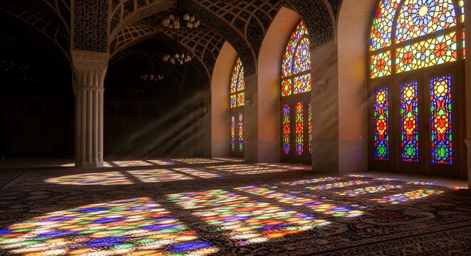 Sunlight creating gentle patterns inside a mosque interior