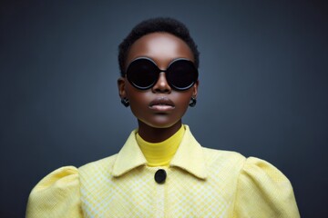 Obraz premium Fashionable young african female in yellow outfit and sunglasses