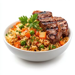 Fototapeta premium Delicious grilled beef steak served with flavorful vegetable fried rice garnished with fresh herbs in a white ceramic bowl, highlighting healthy eating and home cooking