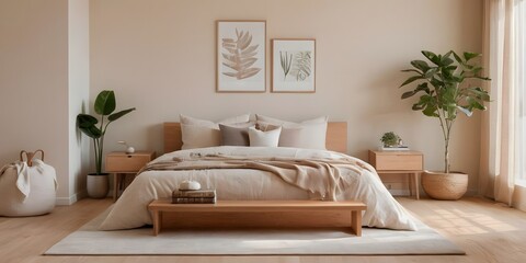 Fototapeta premium Minimalist Japandi Bedroom Interior with Natural Light and Wooden Furniture