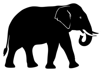 Fototapeta premium A black and white silhouette of an elephant with tusks, black, elephant, profile, stand, tusk, against transparent background