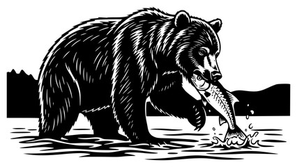 Fototapeta premium te illustration of a bear with a fish in its mouth, bear, black, brown, brown bear, catch, drawing, fish, illustration, image, mouth, salmon, stand, trout, water, white, against transparent background