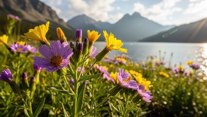 Fototapeta premium A serene landscape of colorful flowers in front of a lake and mountains