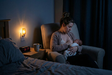 Fototapeta premium Tired young mother breastfeeding newborn in dimly lit bedroom at night, showing tender bond and challenges of early motherhood.
