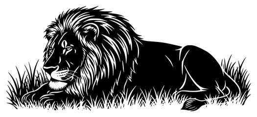 A black and white illustration of a lion resting in the grass, animal, black, break, floor, grass, illustration, lay, lion, mane, profile, against transparent background © Guli Studio