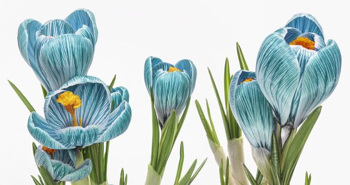 Blooming of beautiful bouquet of blue crocuses, timelapse. Holiday, love, birthday design backdrop. 