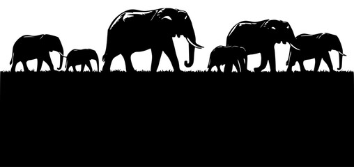 A silhouette of a herd of elephants walking across a grassy plain, animal, baby elephant, elephant, family, grass, grassy, herd, plain, profile, savanna, stand, walk, against transparent background © Guli Studio