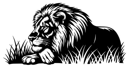 A black and white silhouette of a lion resting in the grass, black, floor, grass, illustration, lay, lion, mane, profile, white, against transparent background © Guli Studio