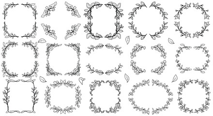 Obraz premium A versatile set of hand-drawn doodle frames, corners, and borders made from leafy branches in various shapes on a white background.