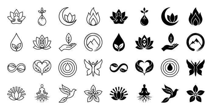 Collection of holistic hybrid icons combining human meditation poses with organic elements like lotus flowers leaves fire water drops and soaring birds