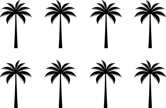 Palm tree silhouette vector illustration collection, eight identical black icons with straight trunks and symmetrical fronds for tropical landscape design