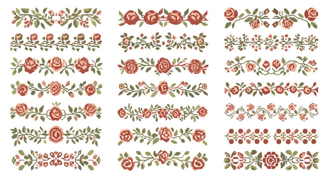 A collection of pixel art floral borders with roses and leaves, designed to look like cross-stitch embroidery patterns.