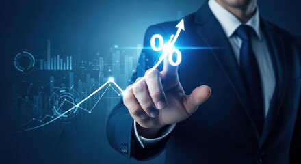 Obraz premium Businessman's hand points to upward arrow graph with percentage sign