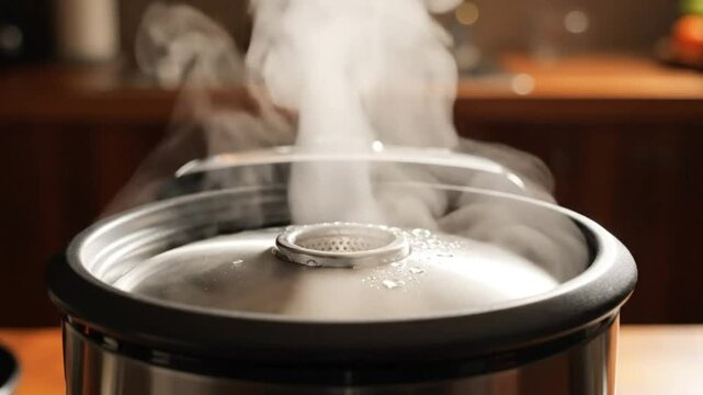 Close-up of a stainless steel rice cooker steaming in a warm kitchen setting.