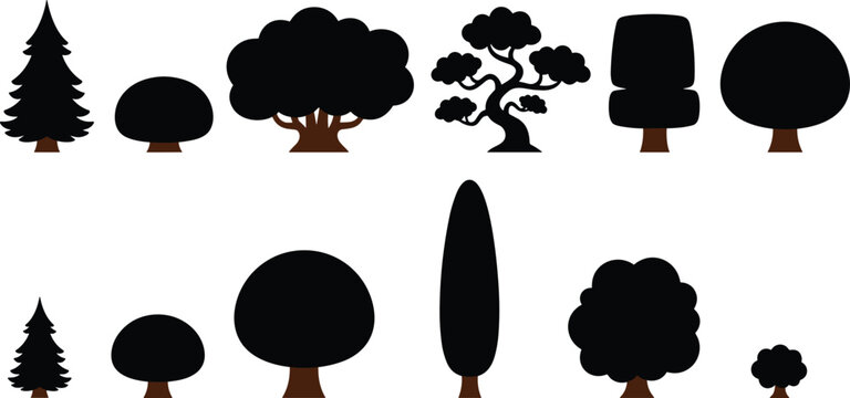 Stylized tree vector illustration collection, twelve black canopy silhouettes with brown trunks showing diverse botanical forms for landscape design