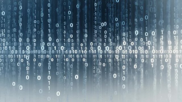 Digital Binary Code Falling Through the Dark Blue Matrix Grid, Technology and Data Flow Concept