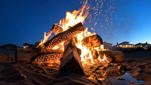 Bright campfire burns with sparks and flames against a dark blue evening sky on the sandy beach