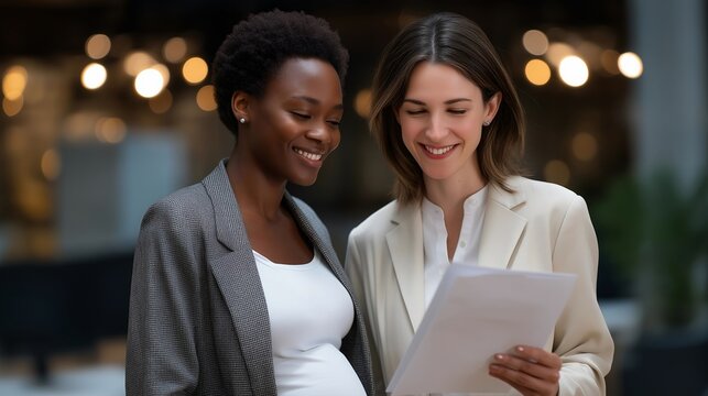 Pregnant woman reviewing workplace maternity rights documents with female HR manager in a modern office, perfect for maternity rights concept, workplace gender equality, female employment