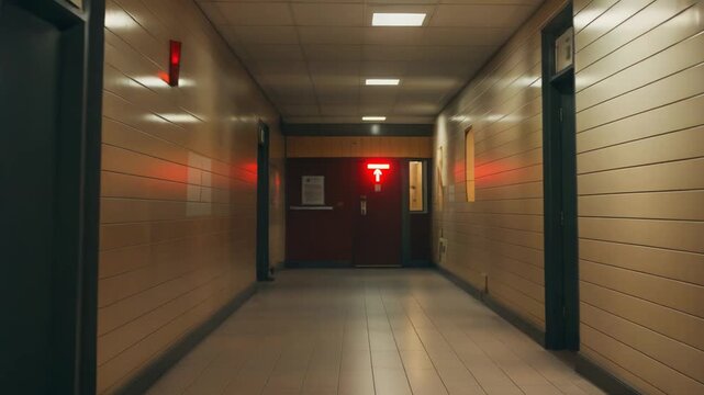 Long, empty hospital corridor creating a liminal space, emphasizing feelings of isolation, mystery, and an eerie atmosphere with a glowing red emergency sign at the end and tiled walls